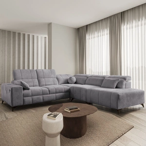 Narożnik z funkcją spania Penejos IX jasny szary prawostronny stylowy narożnik z pojemnikami na pościel wygodne regulowane zagłówki