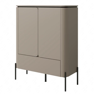 Komoda wysoka Belle 98 cm ciemny beżowy stylowa komoda o zaokrąglonym kształcie system otwierania push to open metalowe czarne nogi