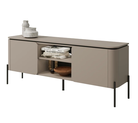 Szafka RTV Belle 163 cm ciemny beżowy elegancka szafka pod telewizor o zaokrąglonym kształcie wsparta na metalowych czarnych nogach