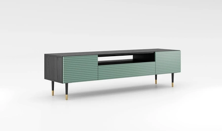 Zestaw mebli Salem czarne drewno / pistacjowa zieleń elegancka meblościanka do salonu gustowne lamele na frontach metalowa podstawa