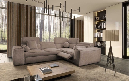 Narożnik z funkcją spania Viano II Lux jasny brąz prawostronny designerski narożnik do salonu z komfortowym wysuwanym podnóżkiem