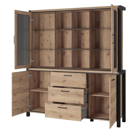 Kredens Aktiv 180 cm dąb taurus / czarny nowoczesny design bezpieczne szkło hartowane stylowe metalowe uchwyty pojemne szuflady