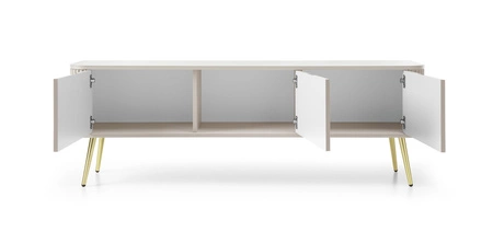 Szafka RTV Zoya 168 cm beżowa nowoczesny design bryła osadzona na złotych nogach ryflowany front charakterystyczny owalny kształt