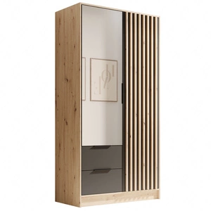 Szafa z lustrem Neri 102 cm dąb artisan / czarny stylowe lamele zdobiące drzwi szafy pojemne szuflady uchwyty krawędziowe