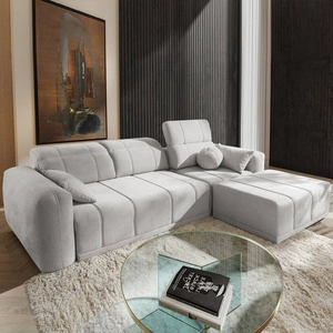 Narożnik z funkcją spania Cetara szary popiel prawostronny stylowy design komfortowe przesuwane oparcia regulowane zagłówki