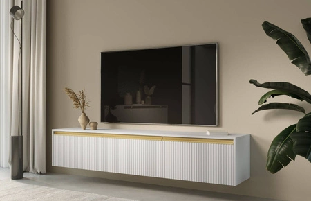 Szafka RTV Imperial 180 cm biała z możliwością podwieszenia stylowe frezowane fronty ozdobione ciekawymi uchwytami