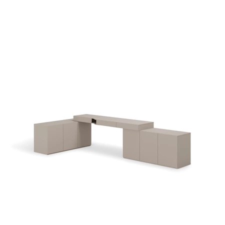 Biurko narożne Woow 338x141 cm clay grey prawe uniwersalne biurko z szufladami z opcją obustronnego montażu duże szafki w zestawie