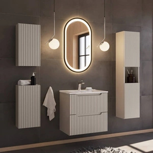 Zestaw mebli łazienkowych Nova beżowy eleganckie szafki łazienkowe o subtelnej kolorystyce z gustownym pionowym ryflowaniem