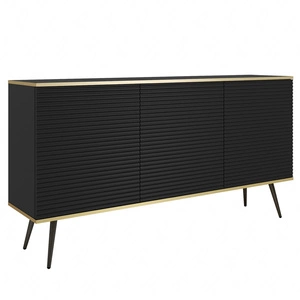 Komoda Luxury 160 cm czarna elegancki design stylowe ryflowane fronty korpus komody zwieńczony złotą listwą czarne metalowe nogi