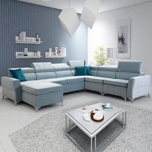 Narożnik z funkcją spania Rava VII błękitny lewostronny praktyczny i nowoczesny narożnik do salonu z regulowanymi zagłówkami