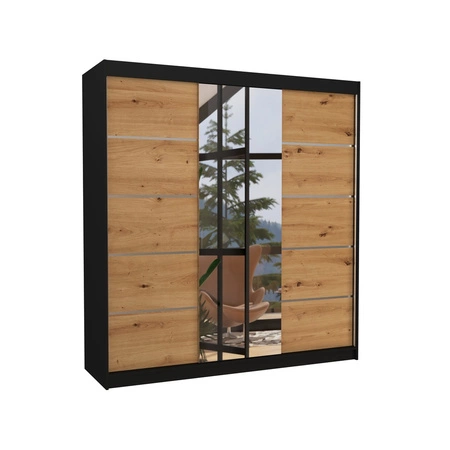 Szafa przesuwna z lustrem Bergen 200 cm czarny / dąb artisan klasyczna forma dekoracyjne listwy na frontach szafy do sypialni