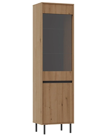 Meblościanka Osaka dąb evoke / czarny minimalistyczny design podkreślony modną kolorystyką wysokie metalowe czarne nogi gustowny ryflowany front