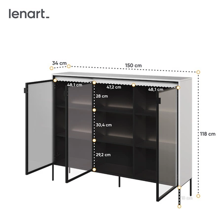 Komoda Trend 150 cm biała designerski przeszklony front klimatyczne oświetlenie w postaci paska led pod górnym blatem