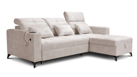 Narożnik z funkcją spania Laredo miodowy prawostronny komfortowy i stylowy narożnik rozkładany z pojemnikiem na pościel