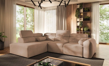 Narożnik z funkcją spania Cantare VII łososiowy lewostronny narożnik z pojemnikiem na pościel wykonany z trwałej tkaniny typu plusz