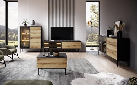 Stolik kawowy Clovis czarny / dąb evoke elegancki design stolik z pojemną szufladą osadzony na stabilnej podstawie