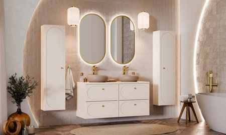 Zestaw mebli łazienkowych Donna Sand beżowy eleganckie szafki łazienkowe z dekoracyjnym obłym frezowaniem na frontach złote uchwyty