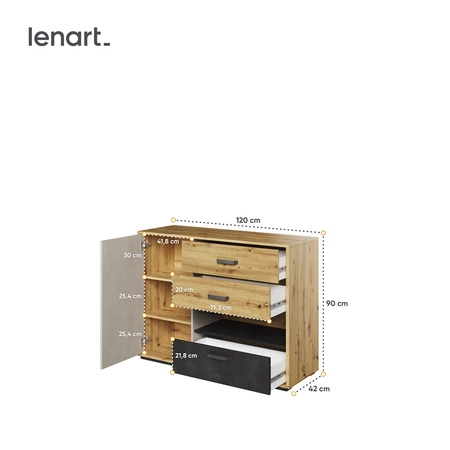 Komoda z szufladami Qubic 120 cm dąb artisan / raw steel / silk flou nowoczesna komoda o ciekawym designie z metalowymi uchwytami