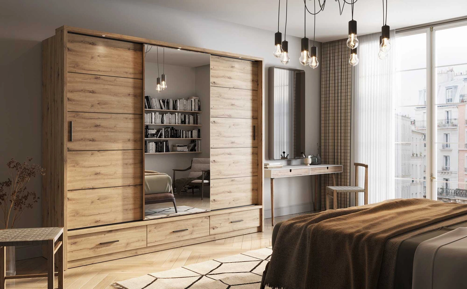 Szafa przesuwana z lustrem Arti w kolorze dąb artisan Szafa z lustrem do sypialni Szafy przesuwne do pokoju