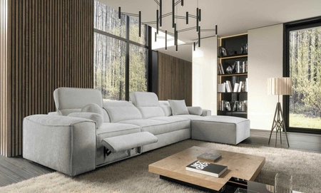 Narożnik z funkcją spania Viano XII Lux szary popiel prawostronny designerski narożnik do salonu z komfortowym wysuwanym podnóżkiem