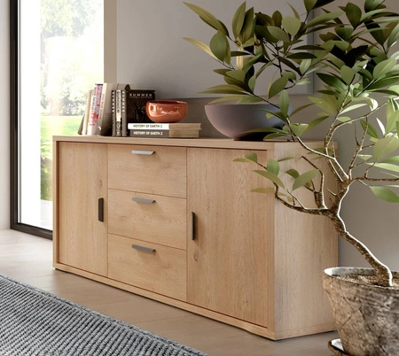 Komoda z szufladami Grand 139 cm dąb cremona nowoczesny design funkcjonalna komoda z zaoblonymi detalami idealna  do salonu lub sypialni