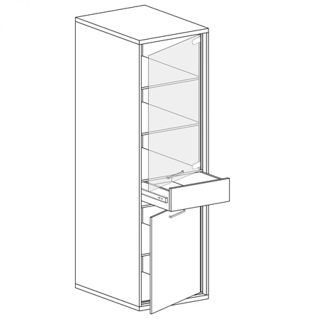 Witryna Mediolan 49 cm hikora elegancka witryna do salonu elementy z bezpiecznego szkła szuflada z systemem push to open subtelne czarne dodatki