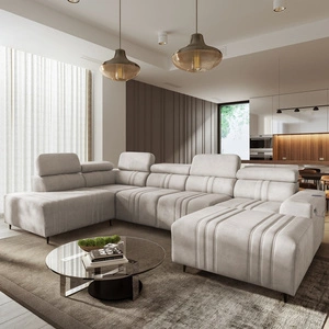 Narożnik z funkcją spania Castel VI beżowy prawostronny wygodny i elegancki narożnik z dwoma pojemnikami na pościel