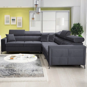 Narożnik z funkcją spania Nausa IV grafitowy prawostronny velvet dekoracyjne przeszycia na siedzisku narożnik z pojemnikami na pościel