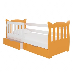 Łóżko Lena 75x160 cm pomarańczowy / biały komfortowe łóżko z materacem do pokoju dziecięcego wyposażone w barierkę ochronną i szuflady