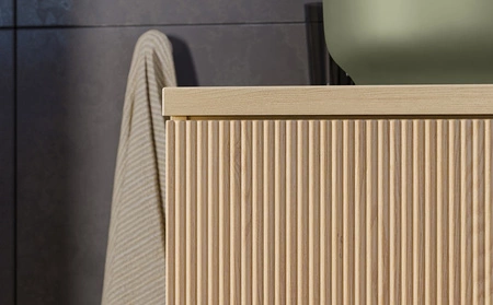 Zestaw mebli łazienkowych Nordic Cremona dąb cremona eleganckie szafki łazienkowe z ryflowaniami na frontach frezowane uchwyty