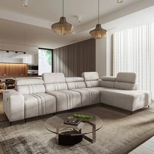 Narożnik z funkcją spania Castel XI beżowy prawostronny komfortowy narożnik z pojemnikiem na pościel wytrzymała tkanina