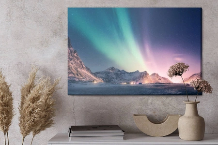 Obraz na płótnie zorza polarna w górach 100x70 cm ozdoba każdego wnętrza obraz w wyrazistej kolorystyce wysoka jakość wykonania