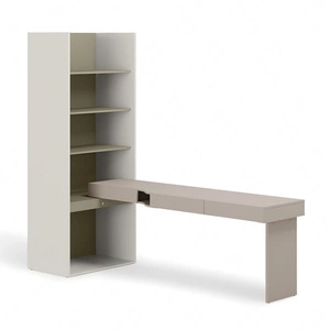 Biurko z regałem Woow 253 cm clay grey / szampański / eukaliptus prawe ergonomiczne biurko z szufladami regał z oświetleniem LED