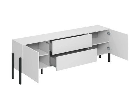 Szafka RTV Jukon 204 cm biała elegancka forma szafki z szufladami w nowoczesnym stylu system otwierania push to open metalowe czarne nogi