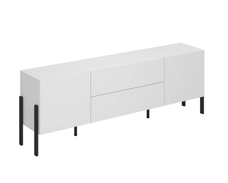 Szafka RTV Jukon 204 cm biała elegancka forma szafki z szufladami w nowoczesnym stylu system otwierania push to open metalowe czarne nogi