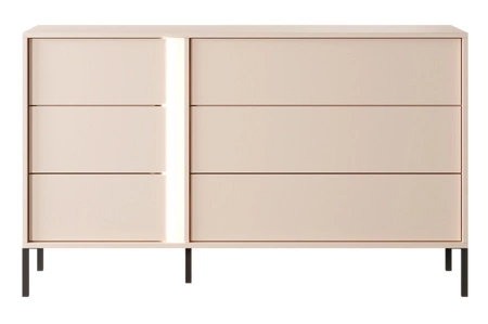 Komoda z szufladami Beloit 137 cm beżowa nowoczesna forma oryginalne pionowe podświetlenie LED komoda wsparta na metalowych nogach