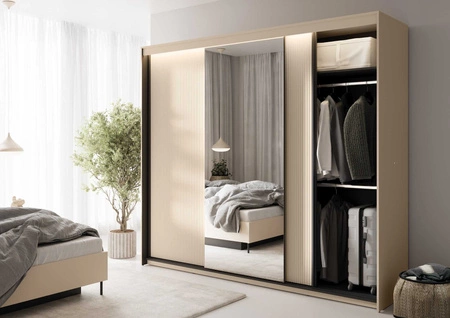 Zestaw mebli do sypialni Trend beżowy nowoczesny design komplet mebli o eleganckiej stylistyce z ryflowaniem oraz oświetleniem LED