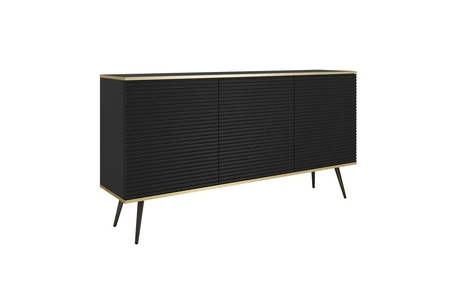Komoda Luxury 160 cm czarna elegancki design stylowe ryflowane fronty korpus komody zwieńczony złotą listwą czarne metalowe nogi