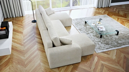 Narożnik z funkcją spania Fiesta U beżowy stylowy narożnik o ciekawym kształcie wytrzymała sztruksowa tkanina pojemnik na pościel