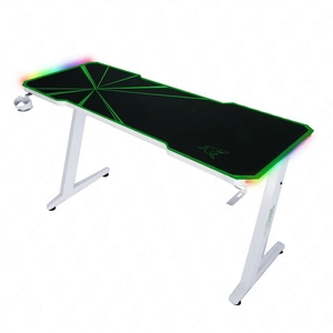 Biurko gamingowe Zeo biały / zielony designerskie i ergonomiczne biurko antypoślizgowy karbonowy blat w całości pokryty podkładką oświetlenie LED