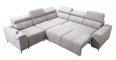 Narożnik z funkcją spania Castel III błękitny lewostronny narożnik z dwoma pojemnikami na pościel regulowane zagłówki