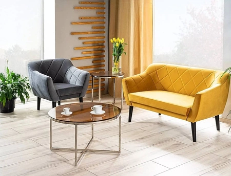 Sofa Karo żółta prosta i stylowa sofa wpisująca się w każdą aranżację sofa z drewnianymi nogami