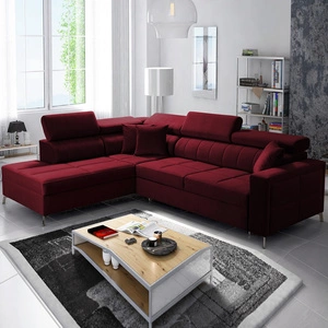 Narożnik z funkcją spania Nausa III bordowy lewostronny velvet stylowy komfortowy narożnik regulowane zagłówki pojemnik na pościel