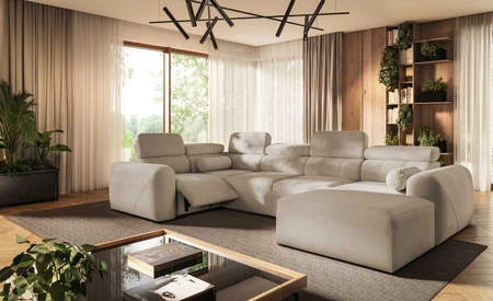 Narożnik z funkcją spania Cantare IV Lux beżowy prawostronny starannie wykonany narożnik do salonu z podnoszonym podnóżkiem