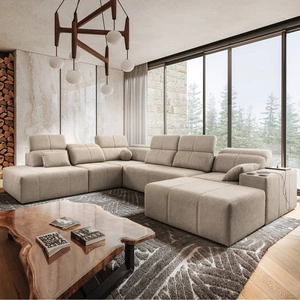 Narożnik z funkcją spania Tesalia X beżowy prawostronny nowoczesny i komfortowy narożnik z innowacyjną funkcją przesuwanego oparcia