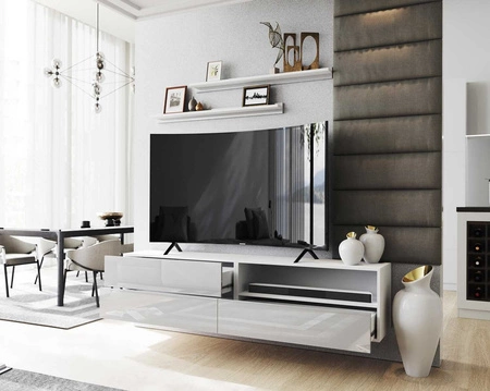Szafka RTV wisząca Neo 172 cm biała / biały połysk z półkami stylowy design szafki pod telewizor z frontami na wysoki połysk