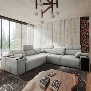 Narożnik z funkcją spania Tesalia III szary popiel prawostronny komfortowy narożnik z przesuwanym oparciem dwa pojemniki na pościel