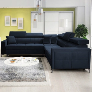 Narożnik z funkcją spania Nausa IV granatowy prawostronny velvet dekoracyjne przeszycia na siedzisku narożnik z pojemnikami na pościel