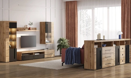 Komoda z szufladami Roger 182 cm dąb wotan / czarny elegancka stylistyka komody wzbogacona o stylowe czarne dodatki idealna do salonu sypialni