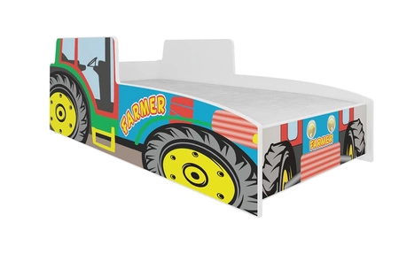 Łóżko Farmer 80x160 cm designerskie łóżko z materacem w kształcie traktora z ozdobnym nadrukiem wykonane z solidnych materiałów